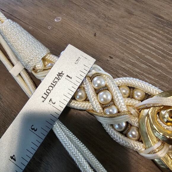 Vintage 80s Belt Women Size 1X White Gold Tone Braided Woven Glam Rock Beaded - Picture 13 of 13